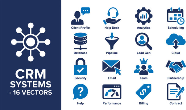 CRM Systems Icons - A Comprehensive Set of 16 Vector Graphics for Customer Relationship Management