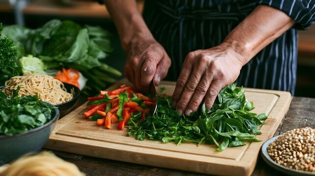 Assortment of fresh vegetables noodles and grains arranged on a wooden board during detailed culinary prepa n