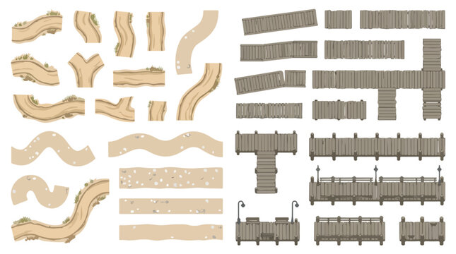 Top down fantasy map assets, modular wooden bridge and dirt path construction kit, 35 vector elements for RPG game design and tabletop world building
