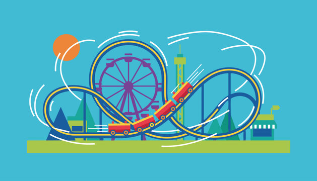 Red roller coaster train speeds along a winding yellow track in a theme park with a ferris wheel and mountains in the background.