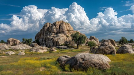 Fototapeta premium Majestic Rocky Landscape Under Bright Blue Sky with Dramatic White Clouds and Vibrant Greenery Surrounding Large Boulders and Golden Wildflowers