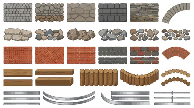 Stone wall and brick texture set, 30 construction material vector elements, architectural masonry and wooden fence assets for game design
