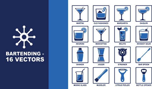 Set of 16 vector icons related to the art and tools of bartending and mixology