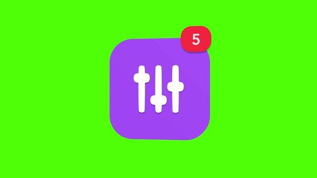 3D purple audio console fader mixer sliders for parameter tuning control adjustment notification icon popping up on green screen.