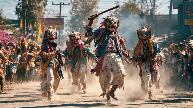 Traditional Thai ghost festival Phi Ta Khon masked dancers performing on street