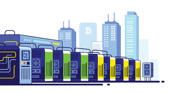 Row of powerful computer server units in a modern data center with a futuristic city skyline and digital bitcoin logo in the background.