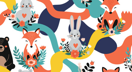 Naklejka premium Playful seamless pattern featuring cute forest animals like foxes, bears, and rabbits decorated with flowers and abstract colorful shapes.