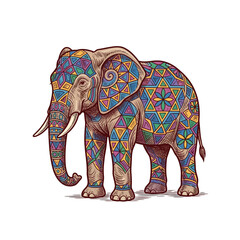Obraz premium An intricately decorated elephant with colorful geometric patterns covering its body, standing against a white background.