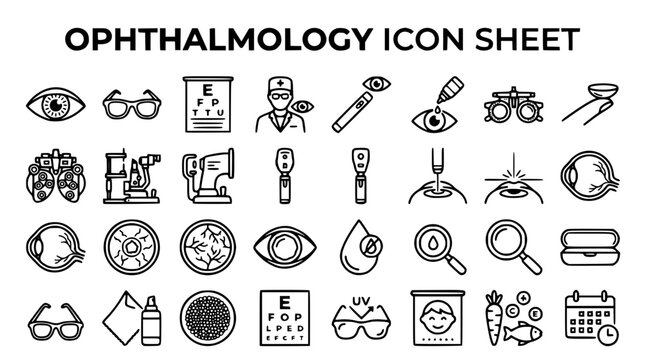 Ophthalmology icon sheet with various eye care illustrations and symbols