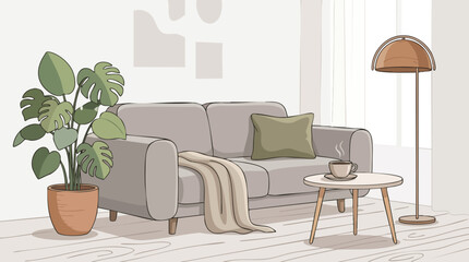 Fototapeta premium Cozy living room interior with neutral sofa houseplant and floor lamp coffee table cozy home