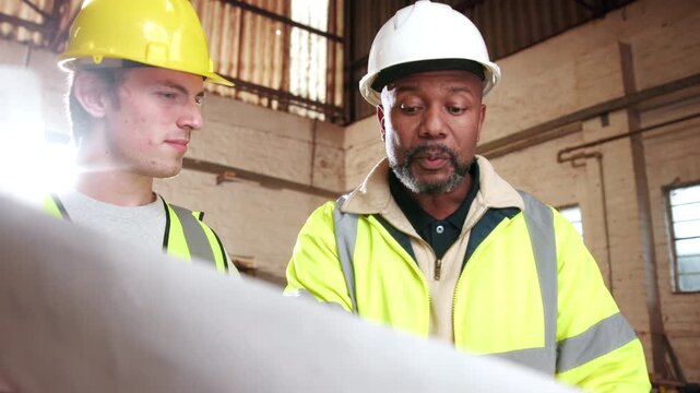 Blueprint, architecture and team with people in warehouse for site plan scale, review or property development. Meeting, renovation project and engineer design with men for expansion and building