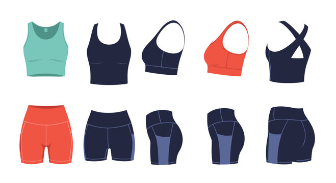 Comprehensive collection of women's athletic sports bras and high-waisted fitness shorts in various colors and perspectives for activewear.