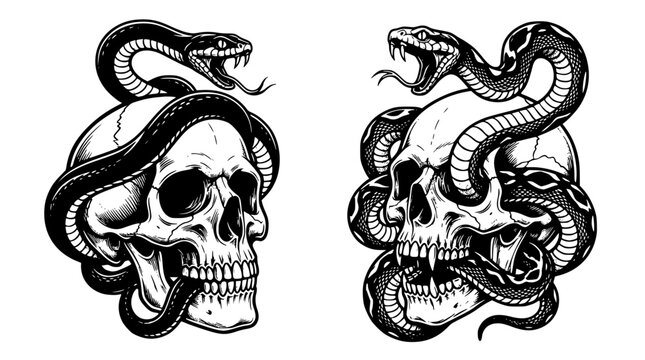 Monochrome vector illustration of snakes wrapped around human skulls