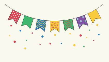 Fototapeta premium String of colorful festive bunting flags with various patterns and confetti for birthday party or celebration background.