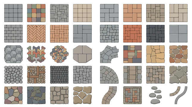 Paving stone patterns and floor tile textures set, 40 landscape architecture icons, outdoor patio paving materials for garden design and construction
