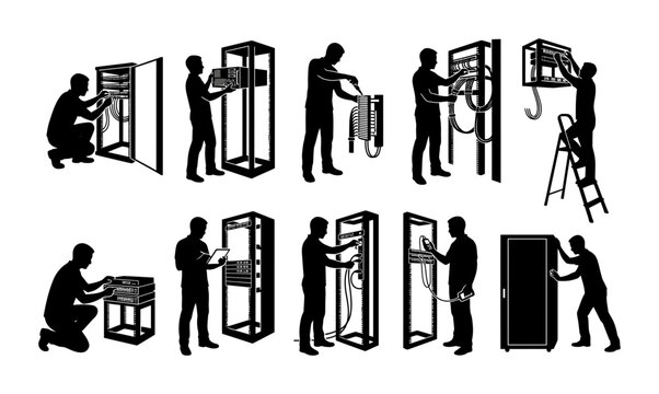 IT Technician Silhouette Collection Set of Professional Network Engineer Server Installation Poses