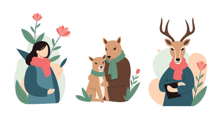 Naklejka premium Artistic illustration set featuring a woman in winter clothing, a deer mother with her fawn, and a stylish deer person holding a tablet.