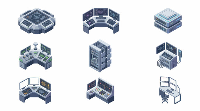 Modern Office Workstation Layouts in Isometric View.