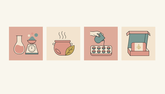 Educational sequence of four panels illustrating the steps of artisan soap making from mixing ingredients to final packaging.
