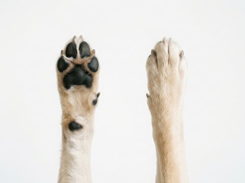 Two dog paws showing the bottom pad and top fur reaching up high for a cute and funny pet greeting or high five action pose isolated on white background