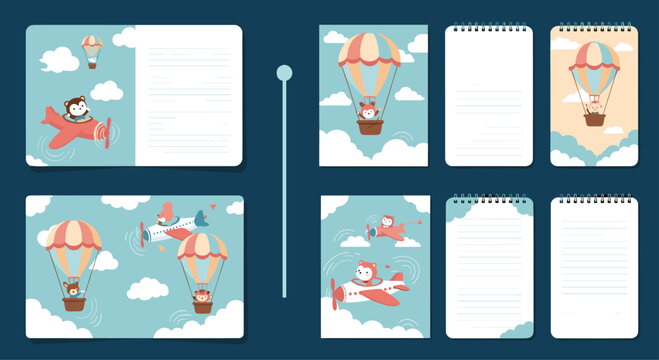 Cute stationery template for kids featuring animals like monkeys and foxes flying in airplanes and hot air balloons among clouds.