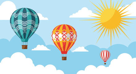 Fototapeta premium Vibrant hot air balloons fly in a bright blue sky with white clouds and a large yellow sun, symbolizing freedom and adventure.