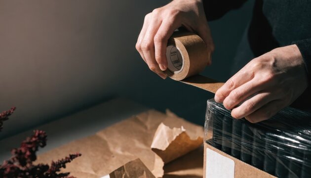 Hands sealing a cardboard box with kraft packing tape, preparing black Halloween party supplies for small business shipping.