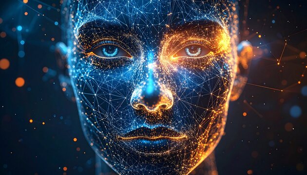 Digital Human Face with Glowing Network Connections and Artificial Intelligence.
