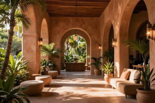 Elegant terrace in a luxury resort with beautiful arched walkway, sophisticated outdoor interior concept