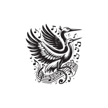 Elegant artistic illustration of two dancing cranes surrounded by musical notes and staff lines.