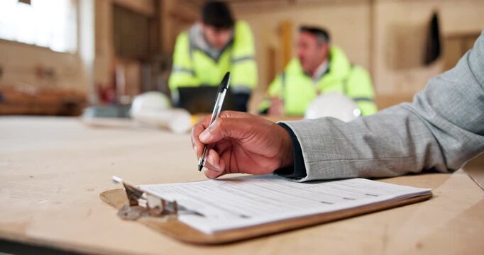 Signature, hands and foreman with building contract for property or construction agreement. Contractor, architect or person signing documents with clipboard for architecture project or development