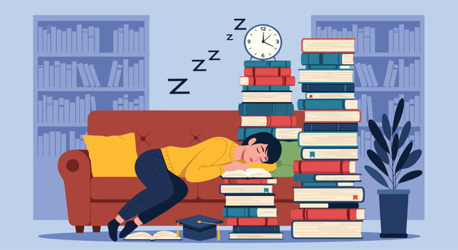 Female student asleep on a sofa leaning against a pile of books in a library with a graduation cap on the floor after studying hard.