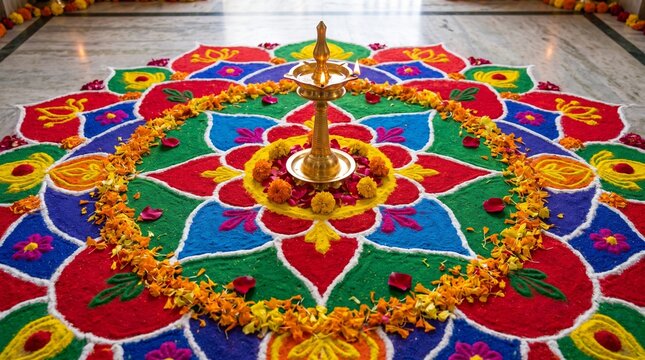Beautiful colorful traditional Indian rangoli art decoration on floor with a brass samai oil lamp for Diwali festival celebration