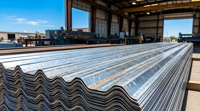 Stack of Galvanized Corrugated Steel Roofing Sheets Stored Inside an Industrial Metal Fabrication Workshop Facility
