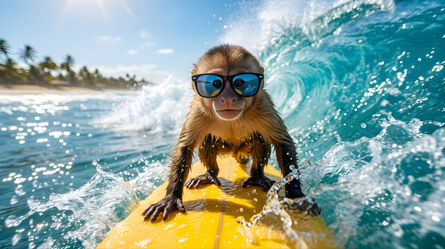 Cute Monkey Surfing on Yellow Surfboard Wearing Sunglasses in Ocean Wave, Summer Beach Adventure. monkey, surfing monkey, surfboard, sunglasses, beach, ocean wave, summer, cute monkey, cartoon monkey,