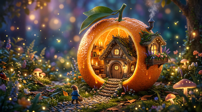 Decorative pumpkin lantern with tiny house scene inside, festive autumn mood, glowing lights
