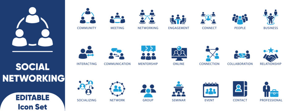 Social Networking icon set. collaboration, community, contact, group, handshake, interact, join, and solid illustration.