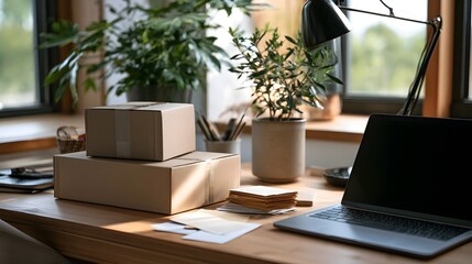 Fototapeta premium Empty boxes and blank labels arranged on a rustic wooden desk representing e commerce packaging and small business supplies