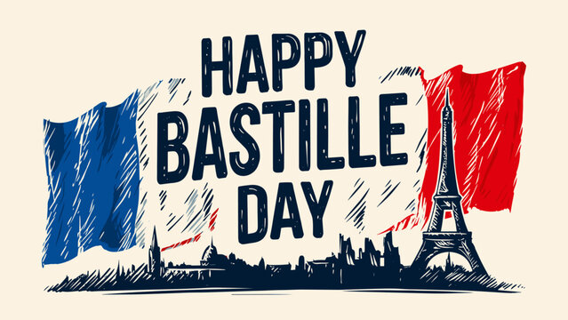 Sketch style graphic for happy bastille day with paris skyline
