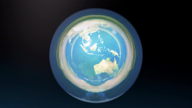 Radial pixel stretch effect swirling around planet Earth on a dark backdrop, cinematic globe animation loop for corporate openers, news graphics and international business promos.