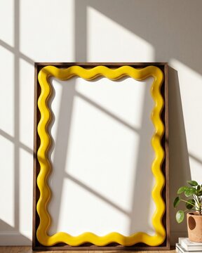 Blank chunky wavy yellow frame mockup leaning on wooden floor with window shadows