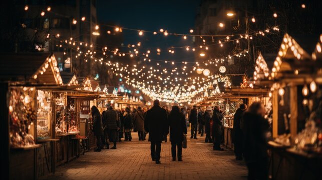 Night market street illuminated by warm string lights overhead, bustling with visitors exploring various stalls and enjoying the vibrant atmosphere