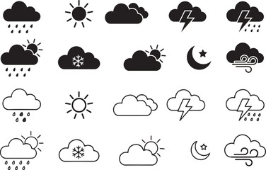 Fototapeta premium Weather Forecast Icons Set, Rainy, Storm, Snow, Cloudy, Sunny, Windy, Day and Night Flat Line Vector Collection