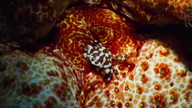 Sea Cucumber Crab (Lissocarcinus orbicularis) walking out of the anus of a sea cucumber (Thelenota anax) host in Anilao, Philippines