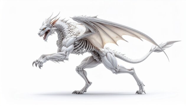 Dynamic 3D render of a powerful muscular white dragon monster with skeletal features on a clean white background