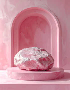Pink geode stone on a pedestal in a pastel pink architectural arch niche
