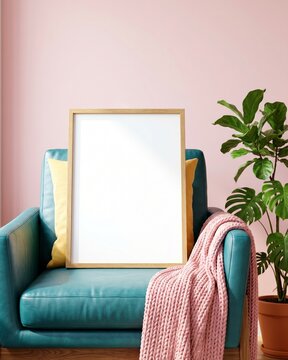Blank wood frame mockup resting on teal leather armchair with pink throw blanket