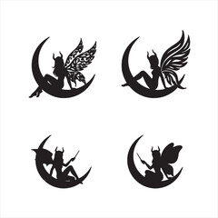 Set of fairy silhouettes sitting on crescent moons Vector © Tuhinnaaa_69