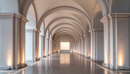 Obraz premium Elegant arched hallway with columns and reflective floor.