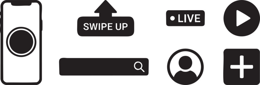 Set of black social media interface icons and smartphone frame design elements for mobile apps